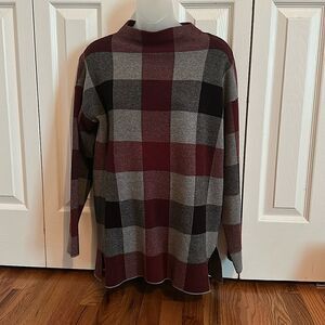 Tahari Plaid Sweater Thick Black Red Mock Neck Medium M